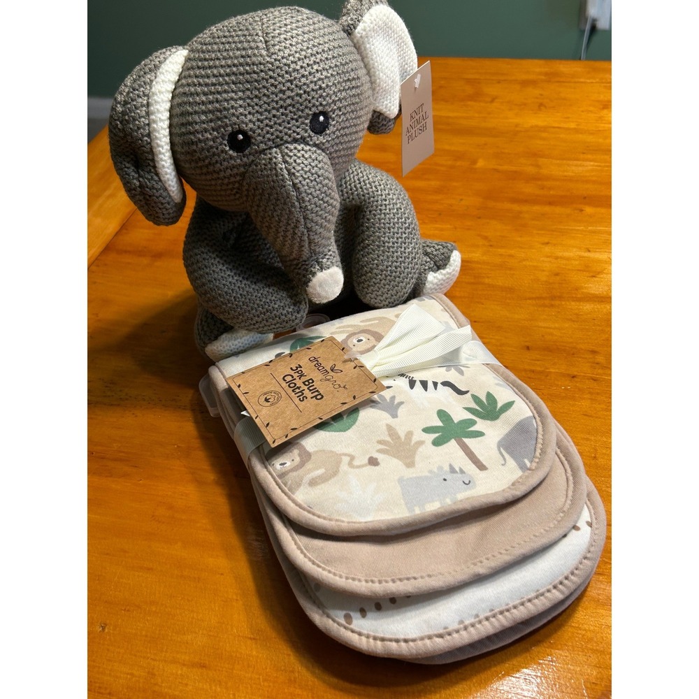 Grey Knit Elephant Plush and 3-Pack Safari Tropic Burp Cloths Baby Gift Set NEW